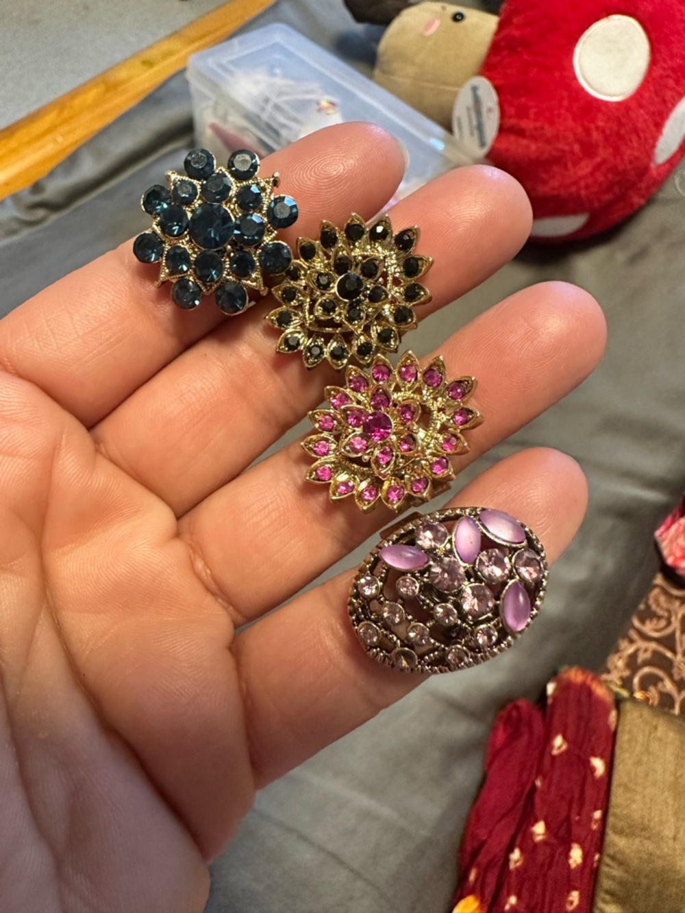 Women's Pink and Blue Crystal Flower Rings - Unbranded